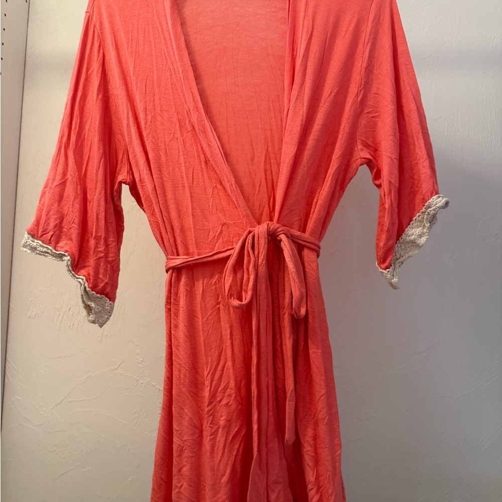 Coral Women's bridal Robe with Lace Trim